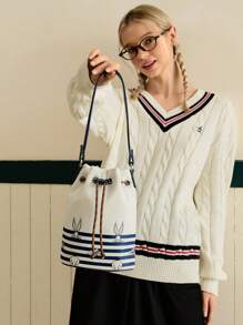 LOONEY TUNES X SHEIN 女士休闲通勤卡通兔子条纹印花索环抽绳单肩包 - 彩色 - 查看 8