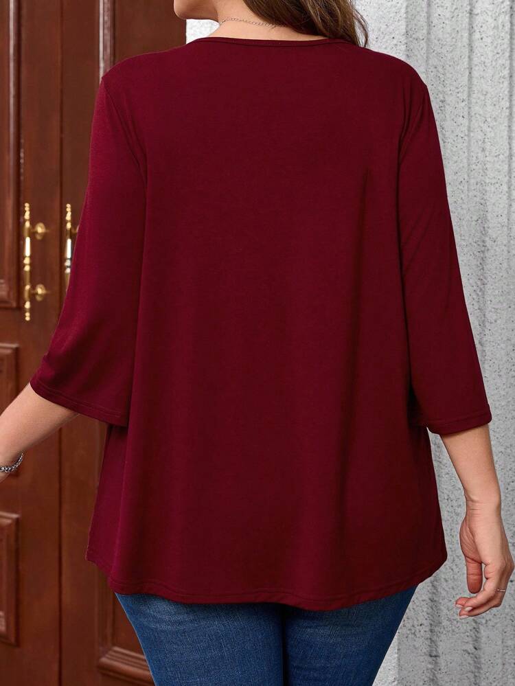 Plus Size Angora Red Lace Trim Three Quarter Sleeves Short Sleeve Casual Boho Top, Everyday Wear Elegant Summer Business Casual Woman Spring For Women Fall Women Going Out Tops Women,Flower/Vacation