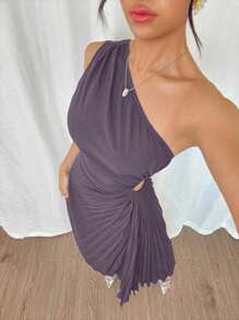 Modelyn 女士时尚优雅不对称荷叶边下摆中长连衣裙 - 紫色 - 查看 6