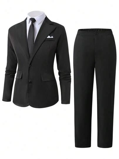 2 件套青少年男孩绅士装，黑色撞色口袋修身西装外套 + 正装裤，优雅休闲户外个性化西装，适合生日派对、晚会、表演、主持、婚礼季、返校