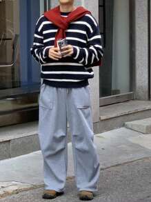 DAZY 秋季男士休闲蓝白条纹毛衣 - 藍白色 - 查看 3