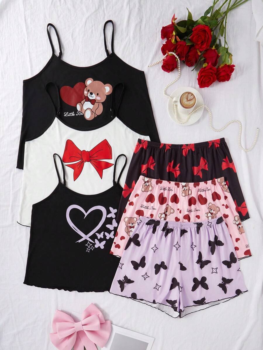 SHEIN 3件套加大码印花吊带背心和短裤睡衣套装 - 彩色 - 查看 1