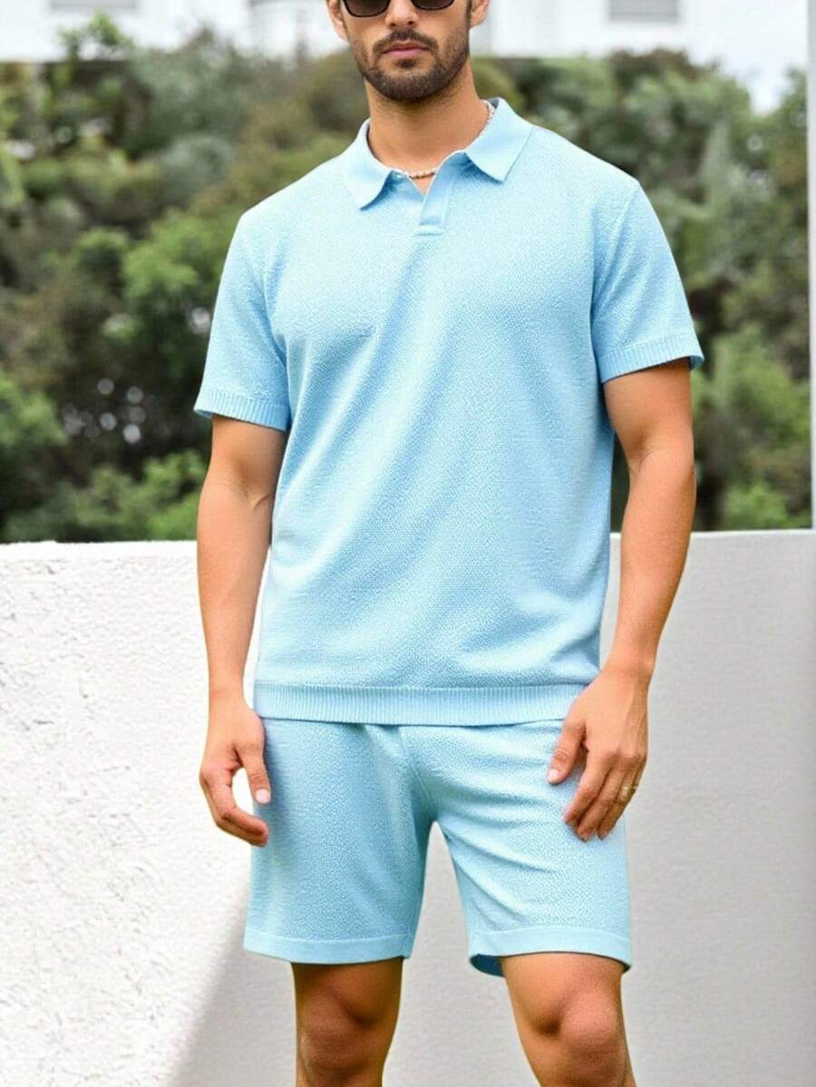 Manfinity Homme Men 2pcs Solid Color Short Sleeve Top And Pocket Shorts Knitwear Set - Blue - View 1