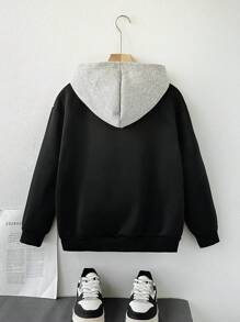 男童休闲学院风拼布撞色连帽夹克，适合日常上学、旅行、运动穿着 - 彩色 - 查看 2