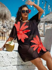 Swim Lushoire 大码女式网眼短袖印花宽松短款沙滩罩衫 - 紅色 - 查看 5