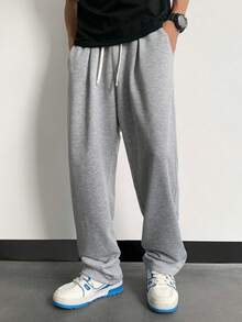SHEIN Casual Solid Color Drawstring Knit Pants For Teenage Boys, Comfortable, Versatile, Suitable For Commuting, School, Everyday Wear, Sports, Party, Autumn/Winter Seasons Grey Sweatpants Wide Leg Sweatpants Baggy Sweatpants Comfy Pants Fall - Light Grey - View 3
