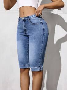 SHEIN Tall 街头休闲阔腿低腰5英寸牛仔短裤 - 中等水洗藍 - 查看 3