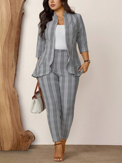 Zelara Plus Size Women 2pcs Plaid Print Casual Workwear Suit Jacket And Pants Set, Autumn Winter Thanksgiving Outfit Holiday Outfit Fall