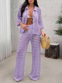 EURMUSE Women Hollow Out Cut Out Button Front Knit Shirt Top And Sweater Pant 2pcs Set Co-Ords Cover Up Beach Set - Lilac Purple - View 4