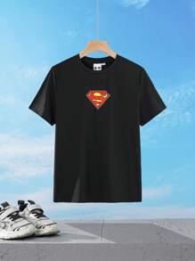 SUPERMAN X SHEIN Tween Boy Cool Back Superhero English Letter Print Black Slim Fit Spring/Summer Short Sleeve T-Shirt