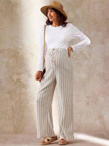 SHEIN Bohemian Maternity Adjustable Waist Striped Loose Straight-Leg Pants