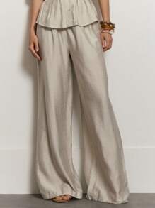 MUSERA 松紧腰阔腿裤 可爱夏季度假休闲优雅亚麻风长裤 机场沙滩集体办公着装 女士职业装 情人节春季 - 卡其色 - 查看 2