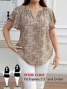 SHEIN PETITE CURVE Camisa casual de manga corta con cuello con cordones, volantes en las mangas y talla grande para usar en primavera y verano, ideal para el Día de Acción de Gracias