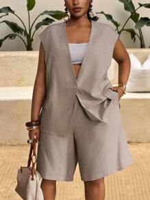 Veslaya 复活节西部海滩波西米亚乡村音乐节热带度假大码女装，百搭休闲简约基本款夏季海滩优雅西装外套和短裤套装 - 咖啡棕 - 查看 13