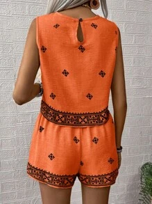 SHEIN LUNE 2pcs Women Vacation Floral Print Sleeveless Button Down Shirt And Shorts Set