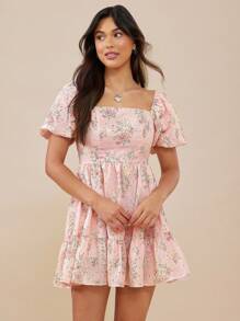 WESTFADE 花卉印花方领荷叶边下摆夏季短袖连衣裙