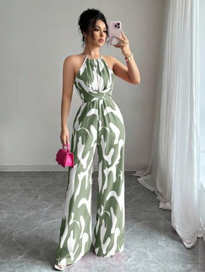 SHEIN PETITE 女式印花面料高腰连体裤，优雅的假日和日常穿着，露背领