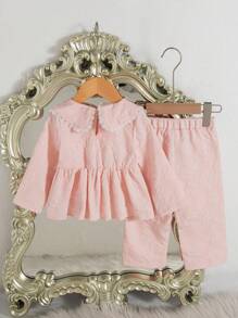 SHEIN 2pcs/Set Baby Girl Spring&Autumn Casual Style Suit Long Sleeve Lace Decoration Top&Long Pants - Pink - View 2