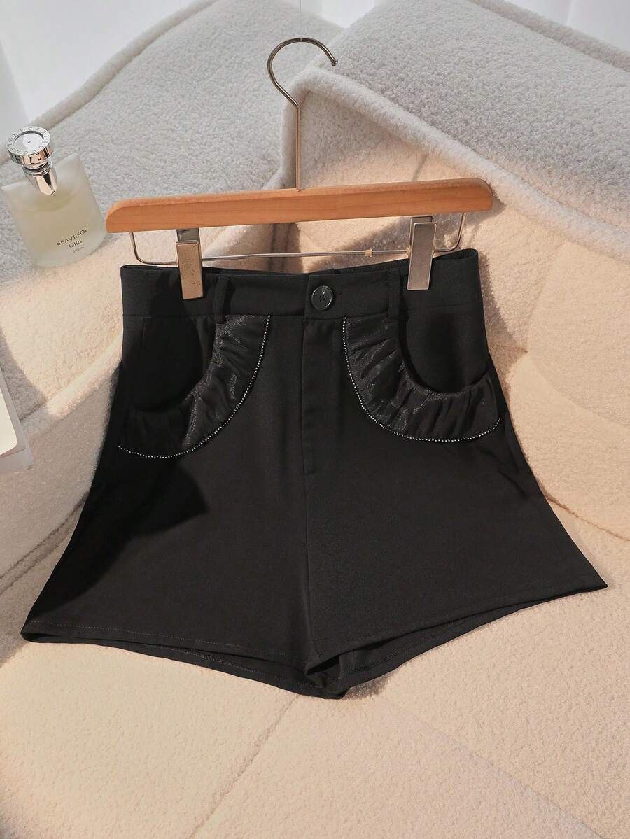 Seusyu Solid Color Frilled Pocket Elegant Chic French Style Summer Shorts