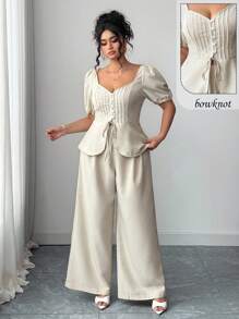Elenzga Plus Size Fashionable Casual French Retro Elegant Commute Bowknot Puff Sleeve Blouse And Pants 2 Piece Set