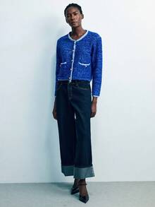 Maija Áo khoác cardigan nữ màu xanh dương phối viền tương phản, kiểu dáng đơn giản, thanh lịch, thoải mái, thích hợp mặc đi làm, tay dài, cài cúc phía trước và có túi, áo len cho nữ công sở, trang phục mùa thu, trang phục Giáng sinh, phong cách thu đông. - Màu xanh lam - Xem 10