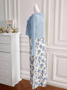 Modelyn 女士优雅纯色喇叭袖上衣，荷叶边饰边，前下摆系带，花朵印花长款吊带连衣裙 2 件套，适合春夏季 2 件套 - 藍色 - 查看 4