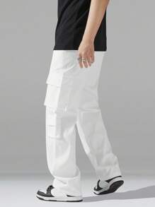 Manfinity Hypemode 男士抽绳腰多口袋阔腿休闲裤白色工装裤男士宽松直筒休闲裤，秋季 - 白色 - 查看 3