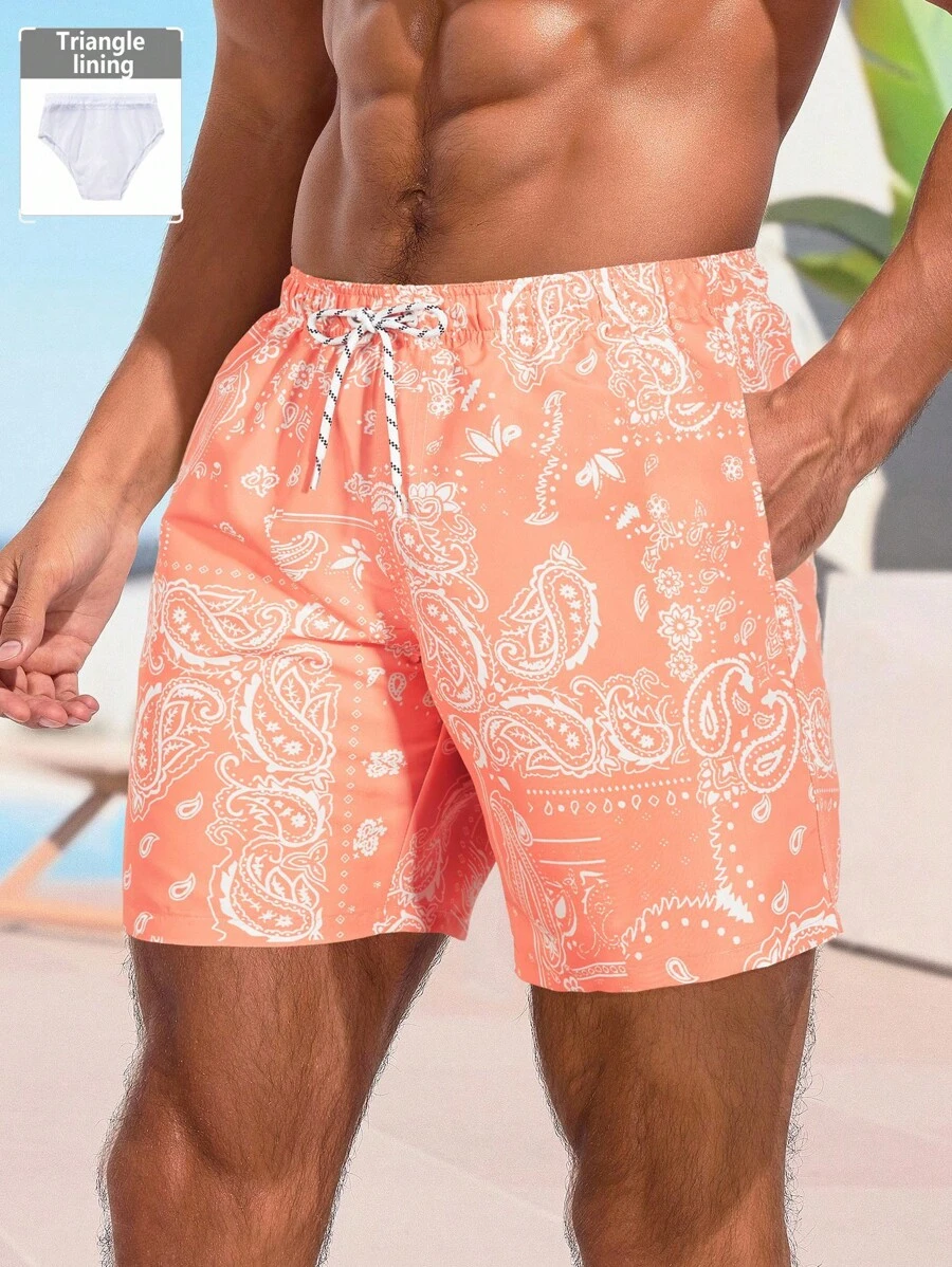 Surfspeed Men's Paisley Print Drawstring Waist Casual Beach Shorts, Summer Men Swimsuit Shorts Men Paisley Swim Trunks Men Orange Swim Trunks