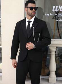 Manfinity Mode Conjunto de chaqueta y pantalón de traje de negocios de talla grande con solapa única para hombre - Negro - Ver 7