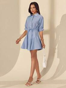 Almamuse 女士休闲条纹纹理短衬衫裙 - 藍白色 - 查看 4