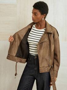 Aveloria Modichic Chaqueta de motociclista de mujer de piel sintética con cremallera metálica desgastada de moda