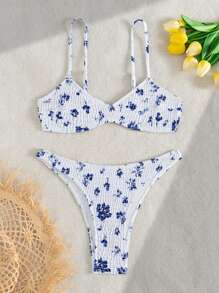 Swim Mod Women's Summer Spaghetti Strap Random Print Tight Casual 2pcs Bikini Swimwear Set - Multicolor - View 1