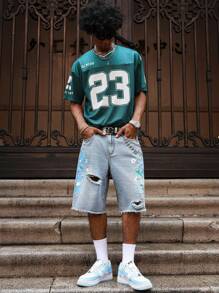 PAVTROS Manfinity Streetrush Men's Light Wash Ripped Denim Bermuda Shorts With Floral Retro Design Graphic Jean Shorts Men Men Floral Denim Shorts Ripped Denim Shorts