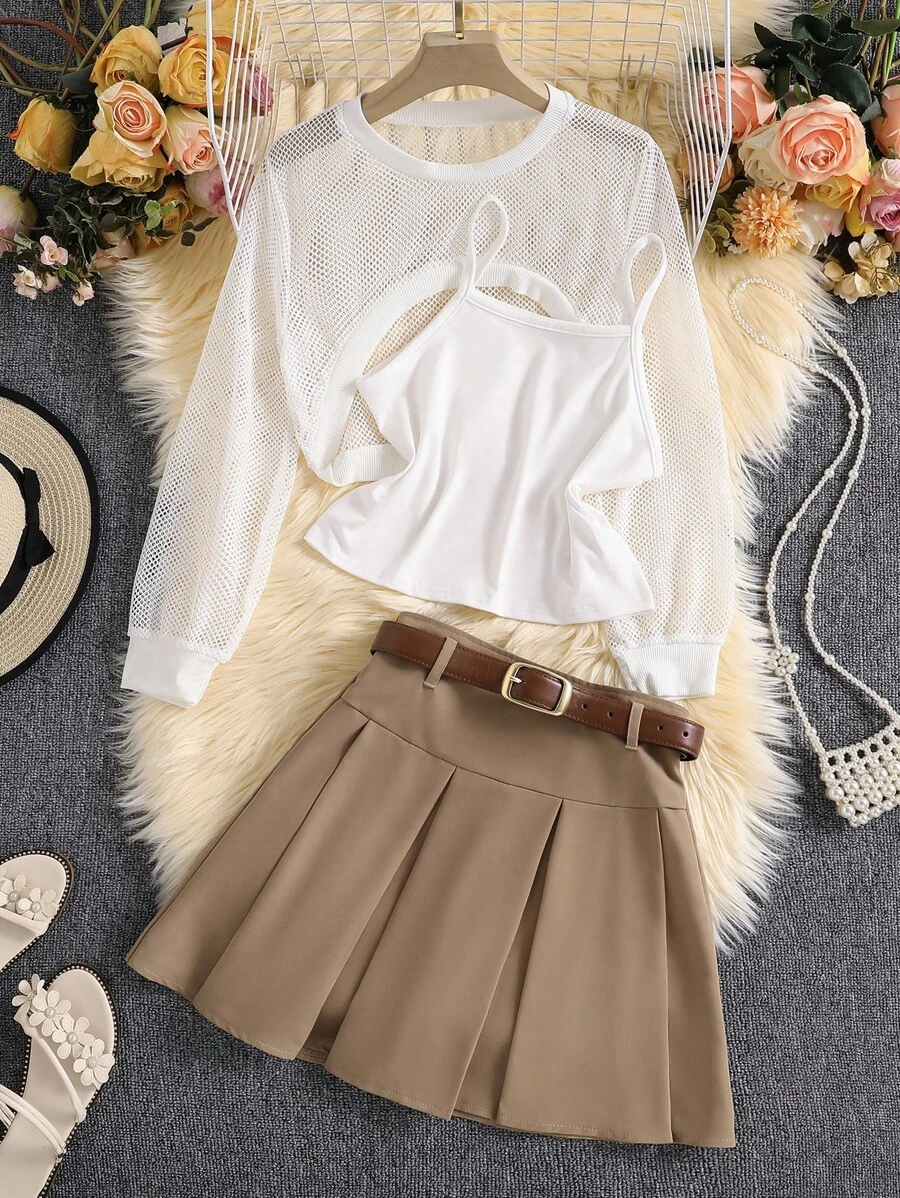 Tween Girl Casual White Hoodie & Pleated Spaghetti Strap Skirt Set, Summer - Khaki - View 1
