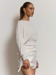 MUSERA Áo tay dài cổ thuyền xếp ly, dễ thương, thoải mái, sạch sẽ, thanh lịch, thường ngày, thích hợp cho kỳ nghỉ, mùa xuân, hè, lễ hội. - trắng - Xem 3