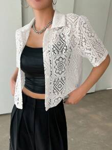 DAZY Women's Delicate Lace Front Cardigan Elegant Casual Short Blouse, Summer - White - View 3