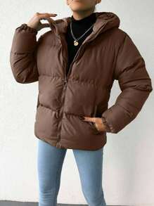 SHEIN Damen einfarbiger Mantel mit Kapuze, Langarm, lässig, locker, gesteppt, für den Winter