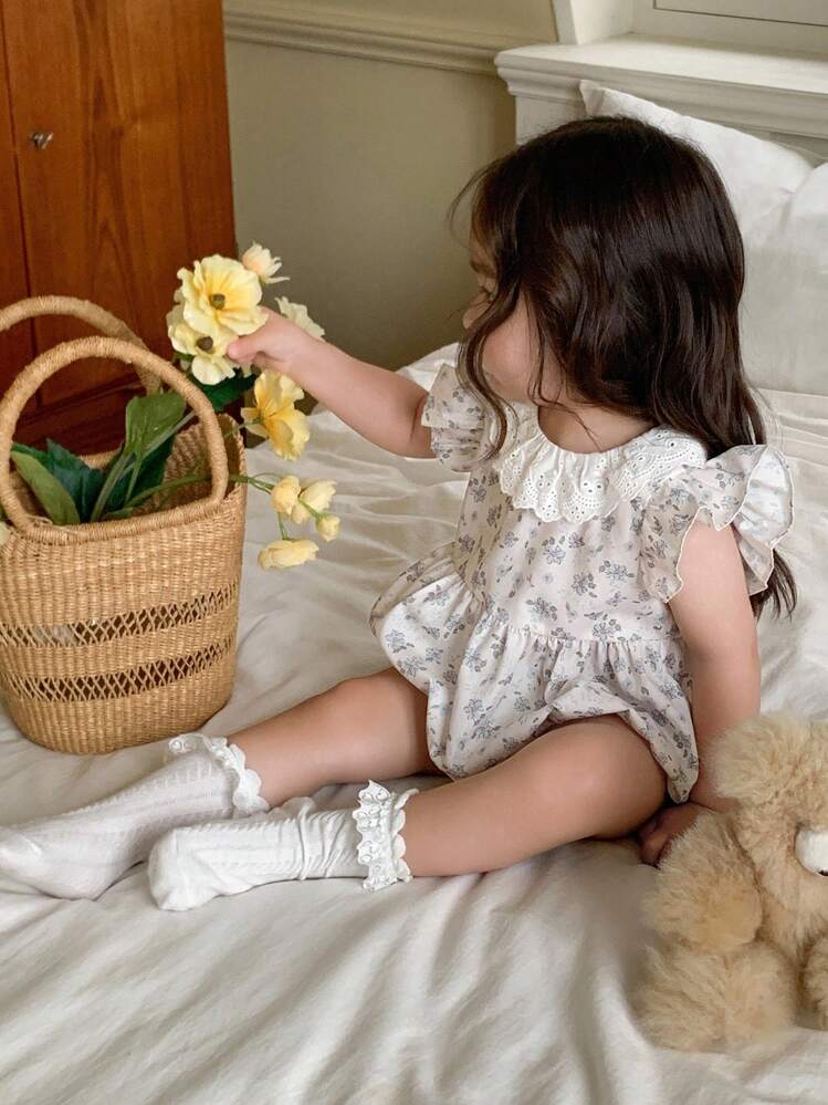 DAZY 女婴夏季休闲碎花荷叶边连体衣 幼儿女童服装 - 杏色 - 查看 4