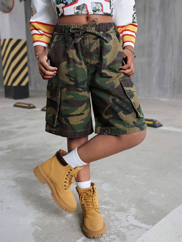 Tween Girl Y2k Style Grunge Punk Camo Tree Branch Print Elastic Waist Workwear Baggy Denim Long Shorts,Suitable For Daily Travel, Outdoor, Home, Brunch, Tea Party, Commute, Airport Wear,Girls Autumn Fall Clothes Outfits,Kids Back To School Clothes,Streetwear Coolane Outfits