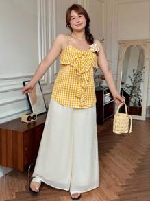 SHEIN LUNE Plus Size Women Yellow & White Plaid Ruffle Strap Back Cami Top Fall Country Concert Vintage Teacher Butter Yellow Top, 90s Back To School Homecoming Cute Streetwear Going Out