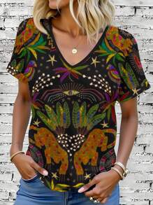 EMERY ROSE 大码女式活力印花V领短袖图案T恤，卷起袖口，夏季女装，休闲装