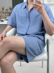 DAZY Summer Navy Solid Drawstring Elastic Waist Shorts, Matching Outfit With Men's Shirt - Blue - View 5