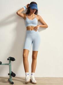 VARSIVA 女士两件套纯色褶皱吊带背心和短裤运动健身套装 - 藍色 - 查看 3