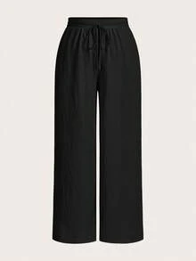 SHEIN Essnce Plus Women's Summer Vacation Business Casual Woman Office New Style Fashion Casual Commuting Vacation Light Breathable Comfortable 3 Pieces Loose Wide-Leg Pants, Seaside Pants - Khaki - View 13