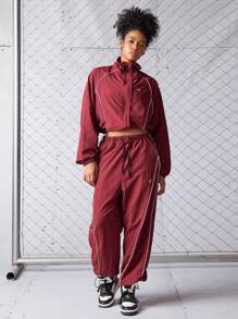 SHEIN Sports Bộ đồ thể thao tập luyện dáng rộng tay Raglan và quần cạp rút cho nữ - Màu Đỏ Sâu - Xem 5