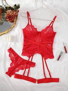 Set de 4 piezas de lencería sexy compuesto por sujetador y prendas de encaje y lazos
