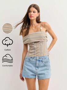 Nöista Khaki Striped Linen-Blend Top With Asymmetric Neckline,Beaded Strap Flattering Fit Breathable Fabric For Summer Boho Vacation Holiday 4th Of July - Yellow - View 2