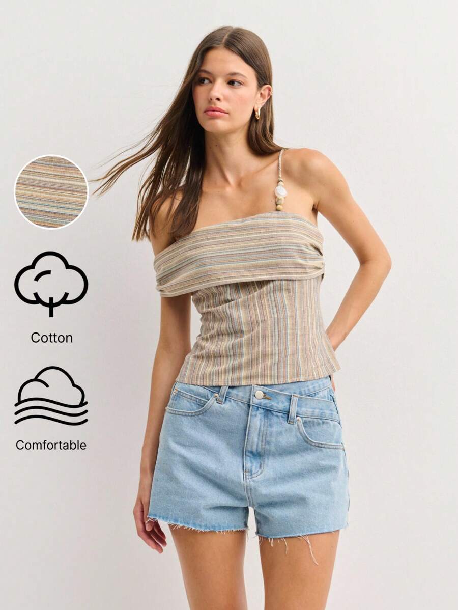 Nöista Khaki Striped Linen-Blend Top With Asymmetric Neckline,Beaded Strap Flattering Fit Breathable Fabric For Summer Boho Vacation Holiday 4th Of July