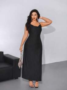 Viva Relle Vestido Preto Elegante e Sexy para Festa, Formal, Vintage, com Decote Halter, Corrente Metálica Anexada, Design de Teia de Aranha Nas Costas Abertas e Ajustado, Plus Size para Mulheres - Preto - Visão 5