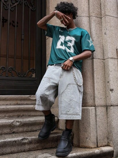 PAVTROS Manfinity Streetrush 男士休闲宽松牛仔短裤，带蜘蛛网刺绣仿珍珠装饰，夏季蜘蛛网短裤珍珠装饰牛仔短裤，街头服饰